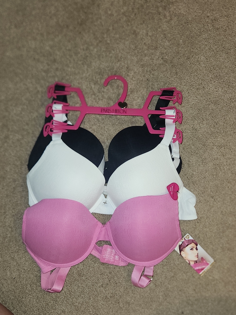 Brand New! Paris Hilton logo White, Black & Pink Molded push-up bras. Size 38C